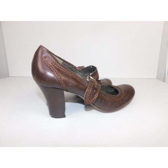 Naturalizer Brown Leather MaryJane 3.5" Heel Wide Strap Siver Buckle Shoe 10M - Picture 5 of 8